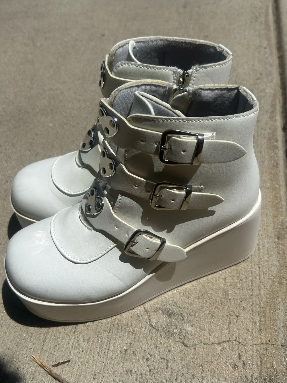 White Platform Ankle Boots with Heart Buckles